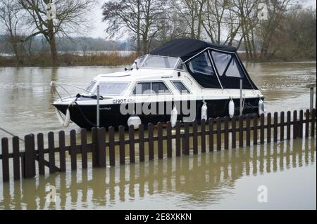 Wargrave, Berkshire, Großbritannien. Februar 2021. Die Themse platzt in Wargrave an ihren Ufern. Für die Themse in Wargrave gilt weiterhin eine Hochwasserwarnung, und es wird mit einer Überschwemmung des Grundstücks gerechnet. Weitere Regenfälle werden in dieser Woche prognostiziert. Überschwemmungen werden in Großbritannien immer regelmäßiger, da wir weiterhin in einer Klimakatastrophe sind. Quelle: Maureen McLean/Alamy Live News Stockfoto