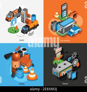 Gas-Diesel-Station Kraftstoffpumpe 24-Stunden-Geschäft und Sicherheit isometrisch Symbole Komposition Banner abstrakt isoliert Vektor Illustration Stock Vektor