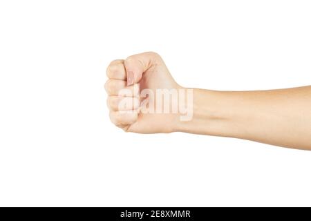 kaukasische weibliche Person zeigt Faust Geste. Isoliert auf einem weißen Hintergrund. Gestik Konzept Stockfoto