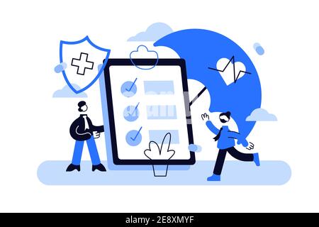 Konzept der Krankenversicherung. Große Zwischenablage mit Dokument darauf unter dem Dach Stock Vektor