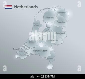 Niederlande Karte und Flagge, administrative Teilung, trennt Regionen und Namen einzelne Region, Design Glas Karte 3D-Vektor Stock Vektor