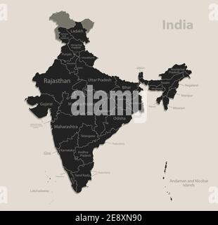 Schwarze Karte von Indien mit Namen von Regionen, Design Tafel Vektor Stock Vektor
