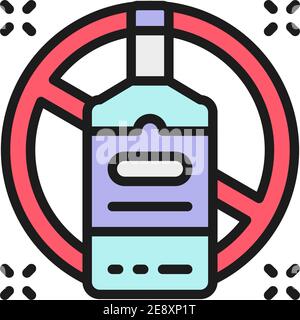 Verbotenes Schild mit Alkoholflasche, kein flaches Symbol für Trinkfarbe. Stock Vektor