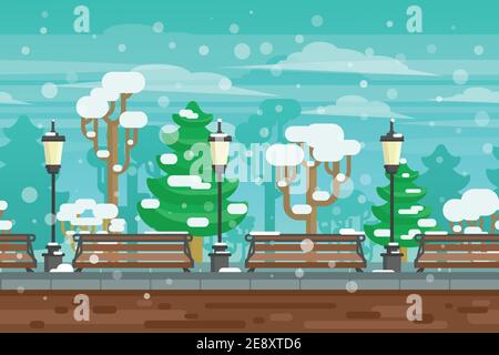 Wintergartenlandschaft mit Laternen und Bänken unter Schneekritzel Vektordarstellung des Posters Stock Vektor