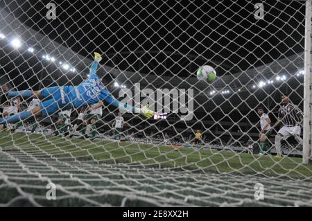 Rio de Janeiro- Brasilien, 31. januar 2021 Fußballspiel zwischen den Fluminense und Goias Teams, validiert durch die brasilianische Fußballmeisterschaft auf der Stockfoto