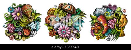 Frühling Cartoon Vektor Doodle Designs Set. Stock Vektor