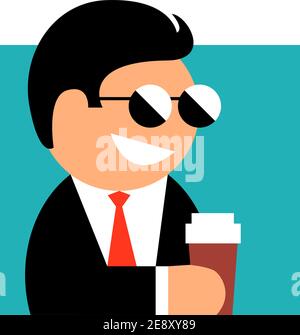 Zeichnung eines modernen Geschäftsmanns in Sonnenbrille, Anzug und Krawatte. In den Händen eines Kaffees. Vektor isolierte Illustration in flacher Form für Icon oder Symbo Stock Vektor