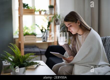 Verärgert junge Frau in Decke auf Sofa zu Hause eingewickelt, mit Tablet. Stockfoto