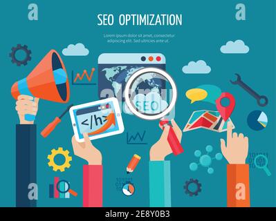 SEO-Optimierungskonzept mit flachen menschlichen Händen halten Programmierung Geschäft Symbole Vektordarstellung Stock Vektor