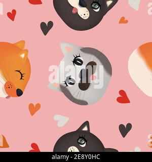 Nette Katze Gesichter nahtlose Muster. Bunte Gesichter Katze mit Herz auf rosa Hintergrund. 3D-Vektordarstellung. Stock Vektor