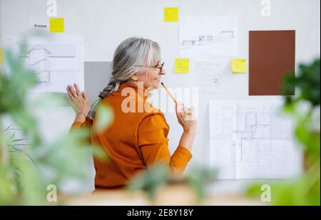 Rückansicht der älteren Architektin, die zu Hause im Haus steht und arbeitet. Stockfoto