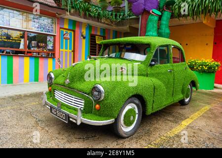 Stilvolles Retro-Auto mit Moos statt Farbe überwuchert. Stockfoto