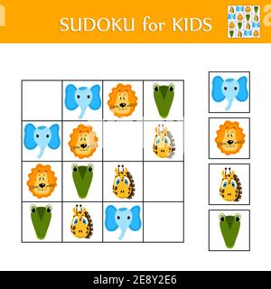 Sudoku Spiel für Kinder mit Bildern. Aktivitätsblatt „Logic Kids“. Bunte niedliche Tiere. Bildungskarte für Kinder. Math-Kinderposter. Schule Stock Vektor