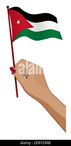 Weibliche Hand hält sanft kleine Flagge von Jordan. Design-Element Urlaub. Cartoon-Vektor auf weißem Hintergrund Stock Vektor
