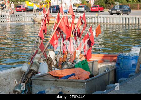 Fischerboot mit Netzen. Hafen in Piaski an der Weichselspinne, Polen. Stockfoto