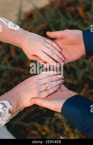 Liebevolles Paar, das die Hände mit Ringen hält Stockfoto