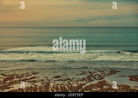 Surfen in Encinitas California Surfers Beach Low Tide Sonnentag Klippen und Wellen Stockfoto