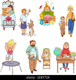 Eltern kümmern sich um Kinder und spielen Kinder Cartoon-Stil glücklich Familie Symbole Sammlung abstrakt isoliert Vektor Illustration Stock Vektor
