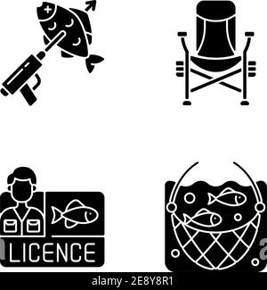 Spezielle Ausrüstung für das Angeln von schwarzen Glyphen-Symbolen auf weiß gesetzt Platz Stock Vektor