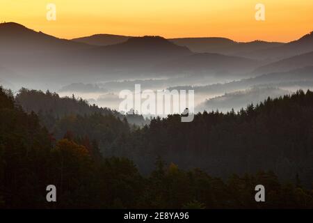 Neblige Landschaft mit Sonnenaufgang. Kalter nebliger Morgen mit Sonnenaufgang in einem Falltal des Böhmischen Schweiz Parks. Hügel mit Nebel, Landschaft der Tschechischen Stockfoto