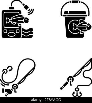 Werkzeuge für das Angeln von schwarzen Glyphen-Symbolen auf weißem Raum gesetzt Stock Vektor