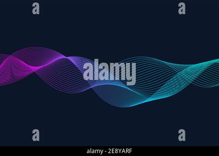 Abstrakt gewellte Linien Hintergrund. Farbiger Verlauf. Geschwungene, glatte Linien. Dunkelblauer Hintergrund. Element im Streifen-Wellendesign. Frequenzsignal. Vektor Stock Vektor
