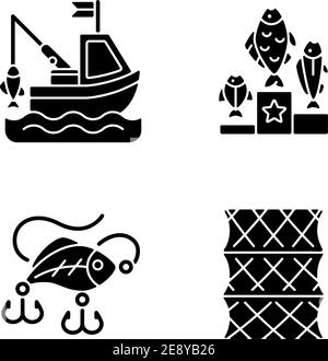 Angelausrüstung schwarze Glyphen-Symbole auf weißem Raum gesetzt Stock Vektor