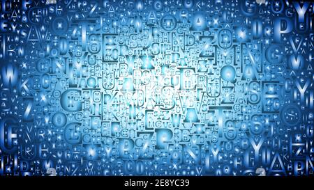Buchstabenmuster blauer Hintergrund. Nahtloser Texturcode aus verschiedenen Buchstaben Stock Vektor