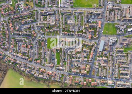 Top down Luftbild der Wohnsiedlungen und Vororte Bereich der Stadt Swarcliffe in Leeds West Yorkshire In Großbritannien Stockfoto