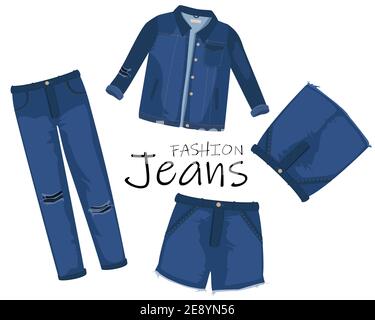 Jeans-Kleidung. Trendy Mode gerissen Denim Freizeit Kleidung Vektor Illustration, Jeans Outfit Kleidungsstücke Modelle auf weißem Hintergrund isoliert Stock Vektor