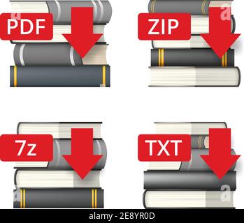 Beliebte Dateierweiterung Symbole mit Büchern und Download-Zeichen gesetzt Stock Vektor