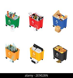 Mülltonnen voller sortierter Müll-Vektorsymbole. Recycling Mülltrennung Sammlung. Isometrische Ansicht. Vektor Stock Vektor