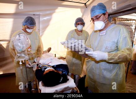 Der Minister für Gesundheit, Jugend und Sport, Roselyne Bachelot, wird am 10. November 2007 im Krankenhaus von Bordeaux bei einer Simulation eines Vogelgrippeausbruchs in Bordeaux, Frankreich, gesehen. Foto von Patrick Bernard/ABACAPRESS.COM Stockfoto