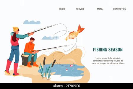 Website-Vorlage für Fischerei und Camping-Aktivität mit Fischern Mann und Frau, flache Vektor-Illustration. Fischerei und Camping Hobby, aktive Erholung i Stock Vektor