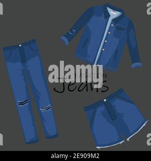 Jeans-Bekleidung. Trendige Mode gerissen Denim Freizeitkleidung Vektor Illustration, Jeans Outfit Kleidungsstücke Modelle auf Hintergrund isoliert Stock Vektor