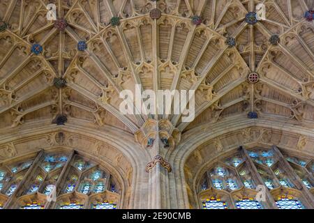 Wunderschöne Fächergewölbe an der Decke der Sherborne Abbey, Sherborne, Dorset, UK: Langhaus-Gewölbe mit Bossen Stockfoto