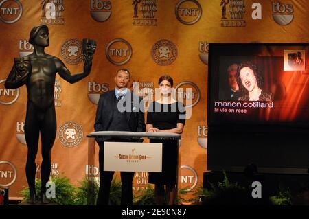 Der Schauspieler Terrence Howard und die Schauspielerin Jeanne Tripplehorn stellen am 20. Dezember 2007 in Los Angeles, CA, USA, die 14. Nominierten der Screen Actors Guild Awards vor. Foto von Lionel Hahn/ABACAPRESS.COM Stockfoto