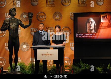 Der Schauspieler Terrence Howard und die Schauspielerin Jeanne Tripplehorn stellen am 20. Dezember 2007 in Los Angeles, CA, USA, die 14. Nominierten der Screen Actors Guild Awards vor. Foto von Lionel Hahn/ABACAPRESS.COM Stockfoto