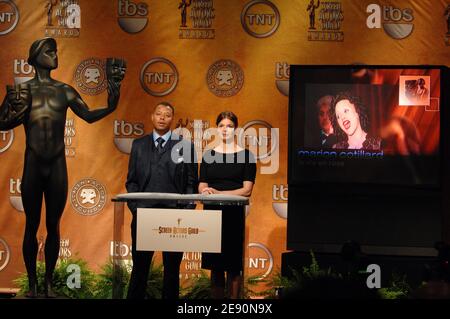 Der Schauspieler Terrence Howard und die Schauspielerin Jeanne Tripplehorn stellen am 20. Dezember 2007 in Los Angeles, CA, USA, die 14. Nominierten der Screen Actors Guild Awards vor. Foto von Lionel Hahn/ABACAPRESS.COM Stockfoto