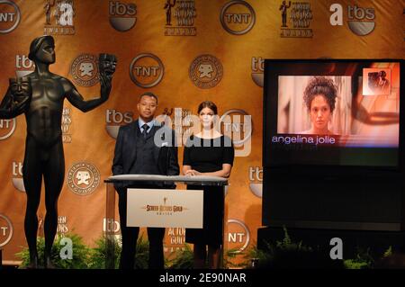 Der Schauspieler Terrence Howard und die Schauspielerin Jeanne Tripplehorn stellen am 20. Dezember 2007 in Los Angeles, CA, USA, die 14. Nominierten der Screen Actors Guild Awards vor. Foto von Lionel Hahn/ABACAPRESS.COM Stockfoto