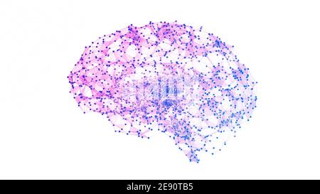 Abstraktes geometrisches Gehirn mit Netzwerkverbindungen. 3D Rendering Illustration isoliert auf weißem Hintergrund. Künstliche Intelligenz Konzept Stockfoto