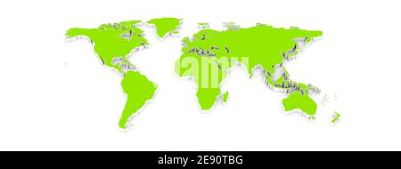 Grüne Weltkarte auf weißem Hintergrund Stockfoto