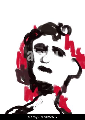 Expressionismus Skizze Frau Porträt. Rote und schwarze Farbe. Abstrakte und minimalistische Linienkunst Stockfoto