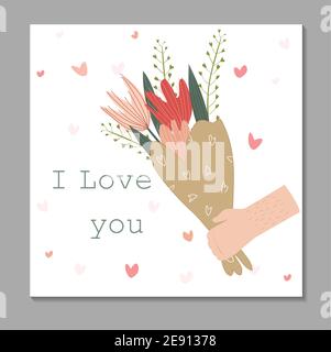 Vektor flache Karte mit einem Bouquet von Tulpen. Zarte Vektor-Illustration mit einem Blumenstrauß. Blumenstrauß zum valentinstag Stock Vektor