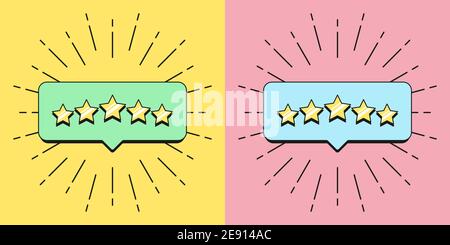 Fünf-Sterne-Banner. Bubble Nachricht mit 5 Sterne Ruf, Qualität Service Bewertung, Zufriedenheit Bewertung. Benachrichtigung über ausgezeichneten Service, promotio Stock Vektor
