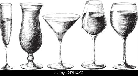 Vektor monochrome Set Skizze Stil Illustration von handgezeichneten Weingläser isoliert auf weißem Hintergrund. Cocktail, Wein, Champagner, martini-Gläser Stock Vektor