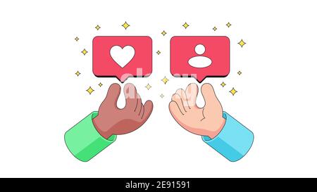 Internationale Freundschaft und Unterstützung. Cartoon menschliche Hände tauschen und teilen Likes und Abonnements in sozialen Netzwerk. Social-Media-Kommunikation und Stock Vektor