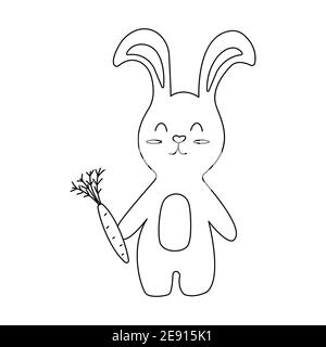 Süßer Hase hält Karotte in seiner Pfote. Schwarz-Weiß-Doodle Vektor-Illustration isoliert. Tier Nagetier Baby Stock Vektor