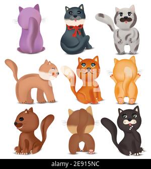 Niedliche Katzen in verschiedenen Posen. Heimische, lustige Katzen auf weißem Hintergrund. Bunte Katzen. Vektorsymbole. Stock Vektor