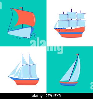 Ocean Kollektion von Schiffs-Ikonen im flachen Stil. Marine Symbole Set einschließlich verschiedener Arten von Segelschiffen. Elemente des Seefahrts-Konzepts. Stock Vektor